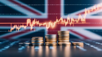 United Kingdom economy and finance . with coins and digital trading platform, economic growth, stock market chart, investment trends global challenges and opportunities.	
