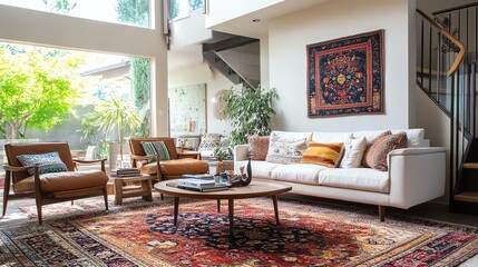 A living room with a white couch, two leather armchairs, and a patterned rug.