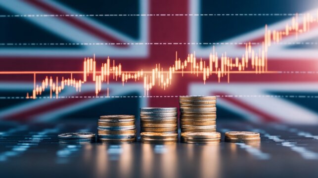 United Kingdom economy and finance . with coins and digital trading platform, economic growth, stock market chart, investment trends global challenges and opportunities.	
 - Powered by Adobe