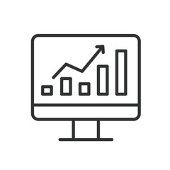 Graph on PC, icon in line design. Graph, PC, computer, display, analysis, data, chart on white background vector. Graph on PC editable stroke icon