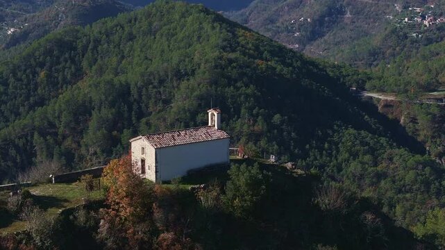Aerial nice view of the Saint-Pierre church in village of Tournefort
