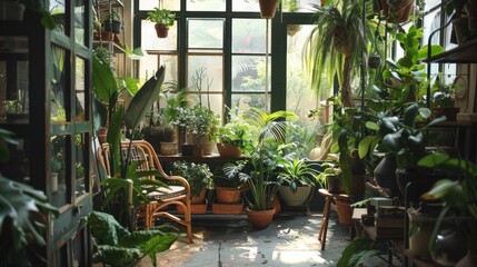 Sunlit Conservatory with Lush Greenery and Wooden Furniture