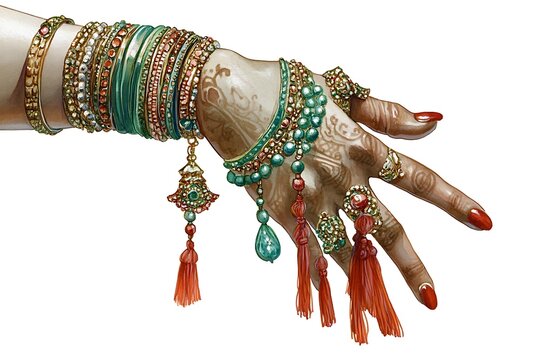 Female hands with handmaid bijouterie bracelets isolated on white background. 