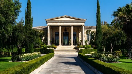 Obraz premium Grand Neo-Classical Mansion with Stone Columns and Greenery