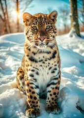 Full view of a cute Amur Leopard In the snow-covered field