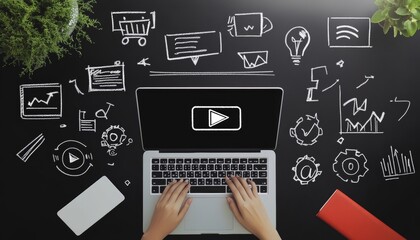 Creative doodles of digital marketing icons on black background with modern office elements