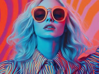Classic 70s fashion with a modern twist, vibrant portrait showcasing iconic patterns and retro styling