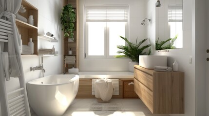 Fototapeta premium Contemporary Minimalist Bathroom with Natural Light and Greenery