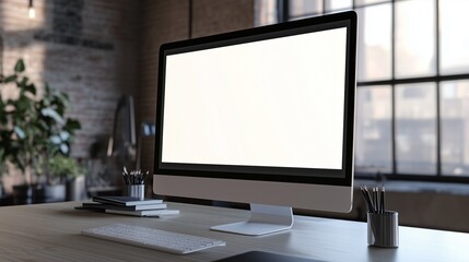 A modern workspace featuring a blank computer screen, books, and stationery in a sunlit room with large windows.