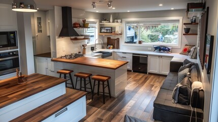 Modern Open-Concept Kitchen and Living Area with Wood Accents