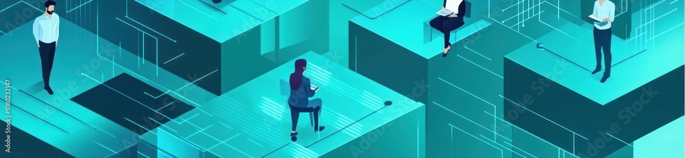 Poster abstract illustration of individuals engaged with technology on floating platforms.