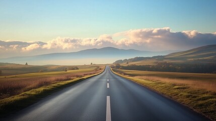 Fototapeta premium A serene highway stretches into the distance under a blue sky near rolling hills at dawn with soft clouds hovering above.