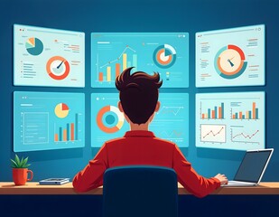 A person analyzing data on multiple screens displaying various colorful charts and graphs, in a modern office setting with plants and a coffee mug, creating a focused, high-tech atmosphere.