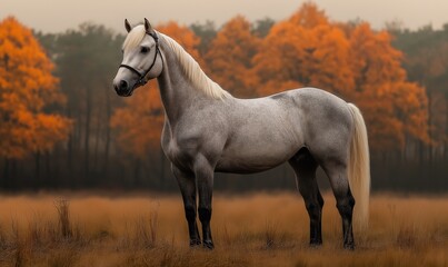 An elegant horse stands against an autumn forest backdrop.