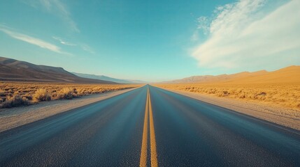 Fototapeta premium Expansive highway stretching through a desert landscape under a clear blue sky during the early afternoon.