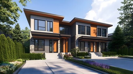 Fototapeta premium Two-Story Suburban Duplex with Modern Architectural Style