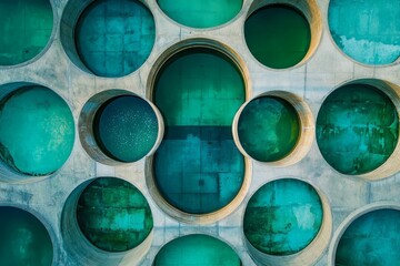 Aerial view of circular water treatment facility with vibrant turquoise water, showcasing a geometric arrangement on a concrete surface