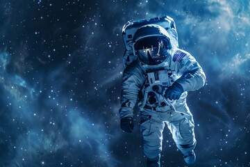 Fototapeta premium Portrait of Astronaut Posing in a Space Suit During a Spacewalk Mission on a Spaceship. Neural network ai generated art