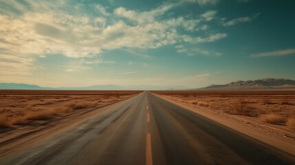 Fototapeta premium Wide open highway stretches through arid desert landscape under a blue sky with clouds in the late afternoon light.