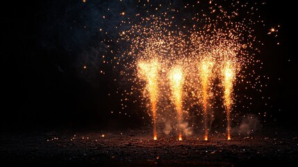 Naklejka premium Spectacular fireworks display with vibrant red, blue, and gold bursts lighting up the night sky above silhouetted trees Generative AI