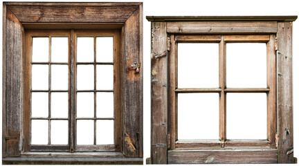 Obraz premium A weathered wooden window frame with transparent windows