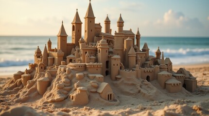 Miniature City Sandcastle with Towers, Bridges, and Streets