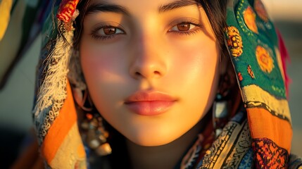 A close-up of a young person wearing cultural symbols and accessories from multiple regions, with soft, warm lighting and a neutral backdrop, highlighting 