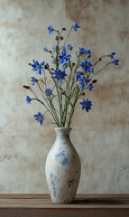 Ultra-realistic image featuring a dark blue flower in a vintage vase on old wood with beige textures and a grunge wall, perfect for a classic, rustic aesthetic