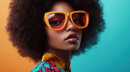Funky vintage fashion portrait, featuring bold colors and a unique blend of modernized 70s fashion