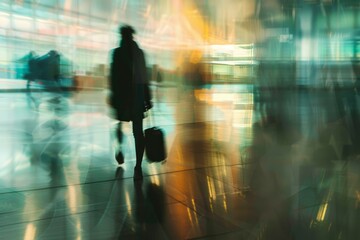 Blur view with passengers walking in big airport terminal interior. Neural network ai generated art