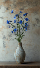 Ultra-realistic image featuring a dark blue flower in a vintage vase on old wood with beige textures and a grunge wall, perfect for a classic, rustic aesthetic