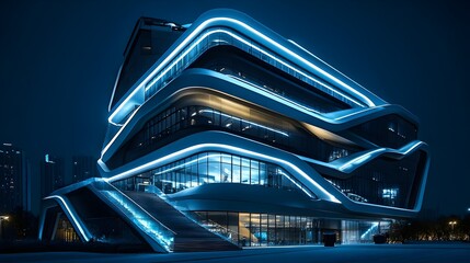 Futuristic Office Building with Modern LED Lighting and Curved Architecture