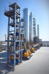 Obraz premium Industrial Chemical Processing Plant, Distillation Columns and Tanks, Under a Bright Blue Sky
