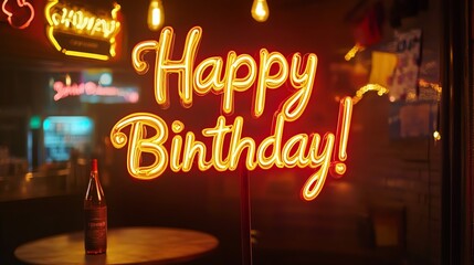 A neon sign that says "Happy Birthday!" with a bottle of wine on a table in the foreground.