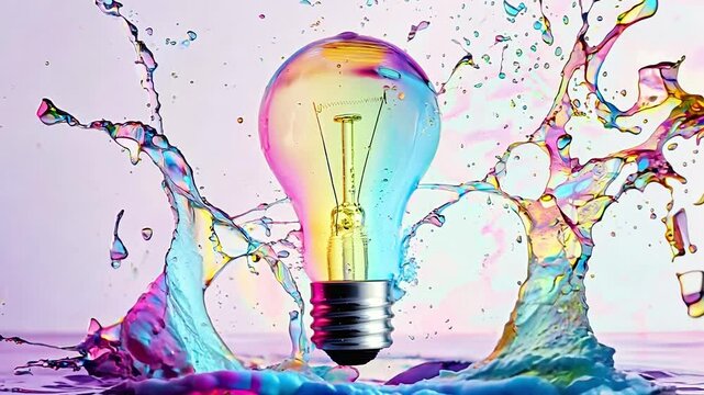 Creative concept light bulb explodes with colorful water colors on a light purple background. Think different, creative idea. Productivity and creativity	
