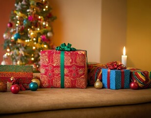 Colorful Christmas gifts decorated with bows beside a glowing candle and a festive tree.