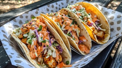 Tangy Chicken Tacos with Coleslaw on Picnic Table