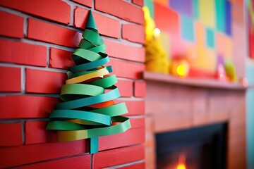 A large paper Christmas tree is hanging on the wall of an apartment, with green and red colors. Paper strips in the shape of a Christmas tree are on the fireplace