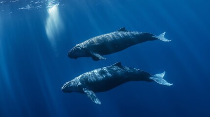 Fototapeta premium Two humpback whales swimming in the open ocean.