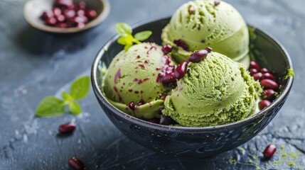 Refreshing Green Tea Ice Cream with Sweet Red Beans and Mint Garnish