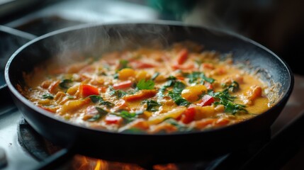 A steaming pan of colorful vegetable curry cooking on a stovetop.