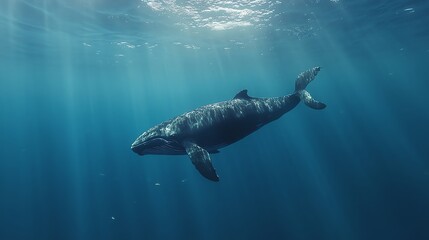Fototapeta premium A humpback whale swims through the ocean, surrounded by a school of fish.