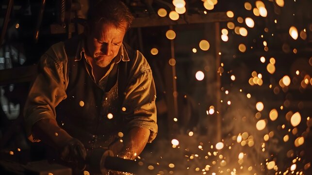 A blacksmith works on a piece of metal, sparks flying in the air.