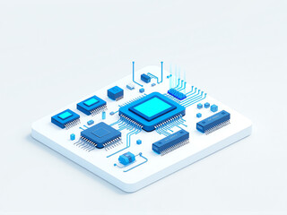Modern blue microprocessor circuit design on a white background representing advanced technology and innovation in electronics