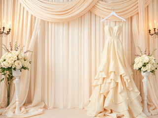 Elegant wedding dress displayed in a softly lit bridal shop with floral arrangements and draped fabric backdrop