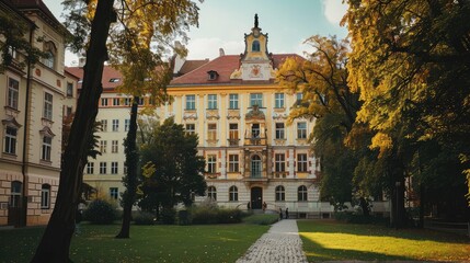 Obraz premium Charming Architectural Facade Surrounded by Lush Autumn Foliage