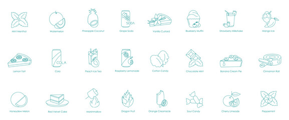 Mint Mint Roll, Watermelon, Pineapple Coconut, Grape Soda, Vanilla Custard, Blueberry Muffin, Strawberry Milkshake, Mango Ice, Lemon Tart, Cola, Peach Ice Tea, Raspberry Lemonade, Cotton Candy icons