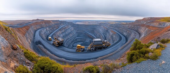 Gold mine concept, A panoramic view of a large open-pit mine showcasing heavy machinery working amidst layered rock formations under a cloudy sky.