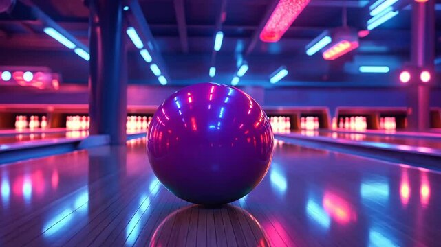 A purple bowling ball sits on the lane, ready to be thrown at the pins