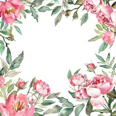 Fototapeta premium Pink Flower Border. Watercolor Botanical Frame with Roses, Peonies, and Greenery for Wedding Invitations